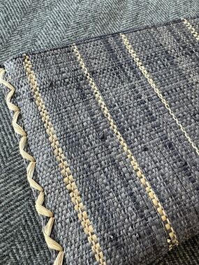 NWT, SHEBOBO, RAFFIA ENVELOPE IN INDIGO BLUE/GREY TONES NATURAL STRIPES